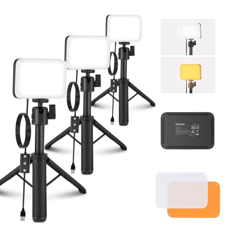NEEWER BASICS 3 Pack LED Video Panel Desk Light, Video Conference Lighting Kit with Desktop Tripod Stands/Filters for Webcam Computer Zoom Makeup Recording Selfie Streaming, Bi Color Dimmable, BP66