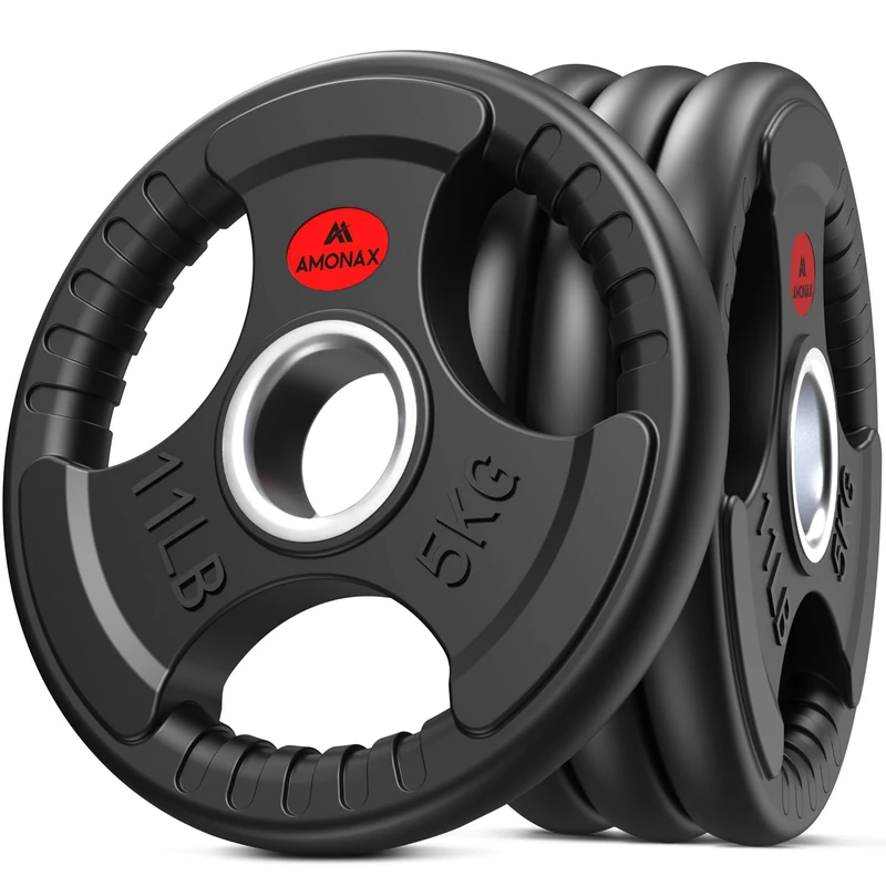 Amonax Olympic Weight Plates, 2.5kg to 30kg Cast Iron Tri-Grip Barbell Plates Set with Rubber Coating for Olympic Bars, 2 Inch Weight Discs for Deadlifts, Bench Press & Home Gym Strength Training - Image 1