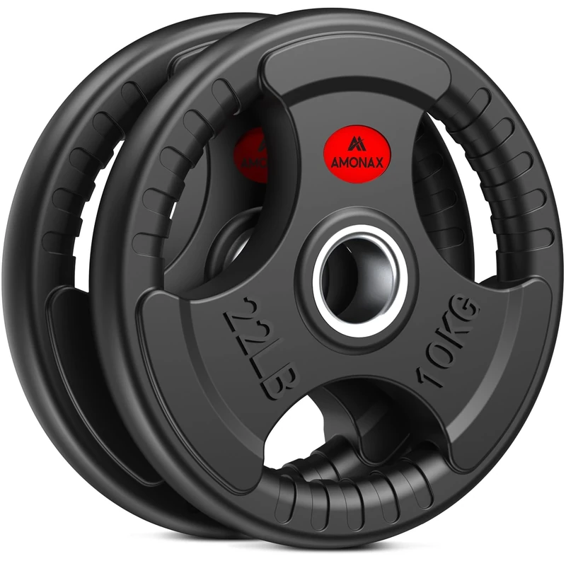 Amonax Weight Plates with Rubber Coating, 2 Inch Weight Plates for Olympic Bars, 2.5kg to 30kg Cast Iron Tri-Grip Barbell Plates Set (Rubber Coated, 10KG x 2)