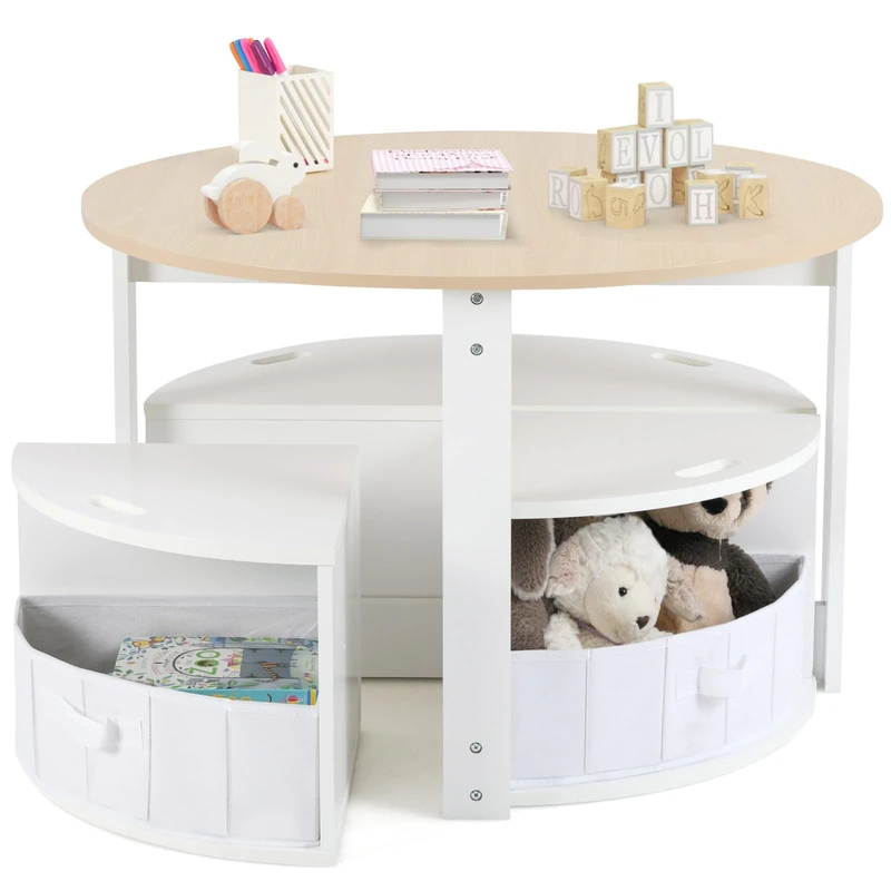 GYMAX Kids Table with 4 Chairs, Wooden Children Activity Desk with 4 Storage Stools and 4 Fabric Drawers, 5-Piece Toddler Round Table Set for 3+ Years Olds, 79x79x51cm (Natural + White)