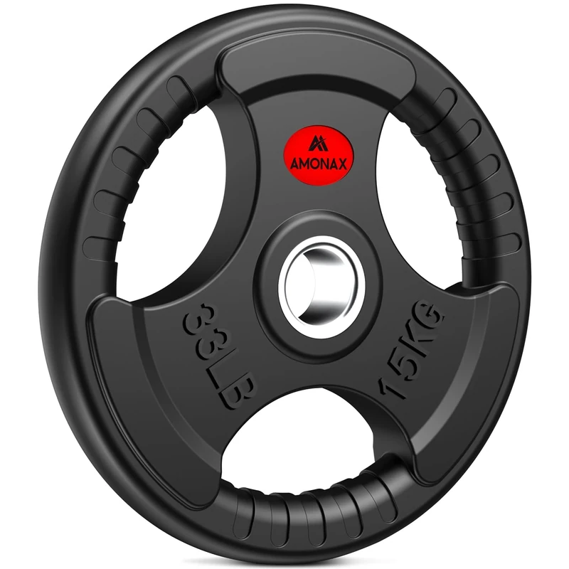 Amonax Weight Plates with Rubber Coating, 2 Inch Weight Plates for Olympic Bar, 2.5-30kg Cast Iron Tri-Grip Barbell Plates Set, Weight Discs for Home Gym Strength Training (Rubber Coated, 15KG x 1)