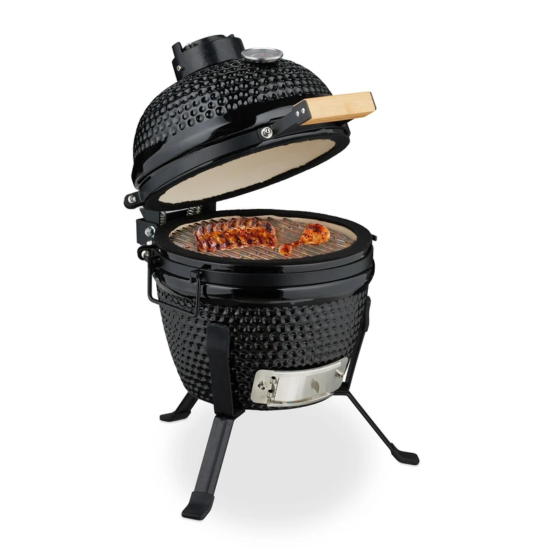 Relaxdays Kamado Barbecue, Ø 26 cm, Ceramic BBQ Grill, with Thermometer up to 450°C, Outdoor Cooking, Smoker, Egg, Black - Image 1