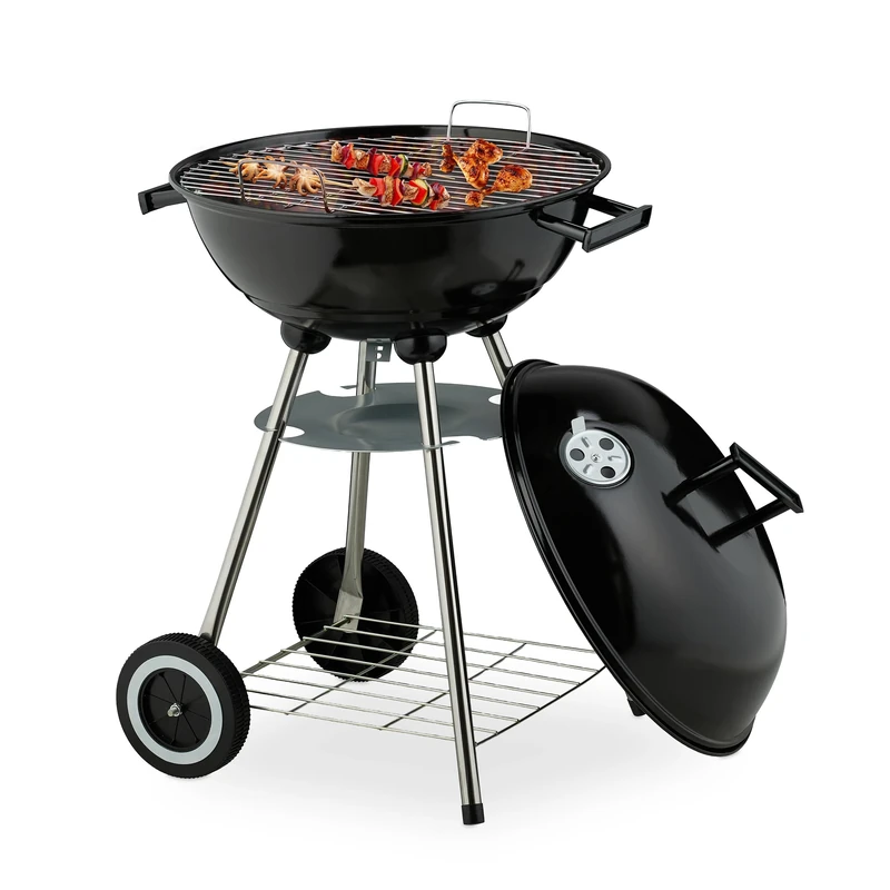 Relaxdays Kettle BBQ Grill, Ø 44 cm, Cooking Grate, Ash Collector, Charcoal Barbecue on Wheels, Garden & Patio, Black, Steel, Plastic, Stainless steel