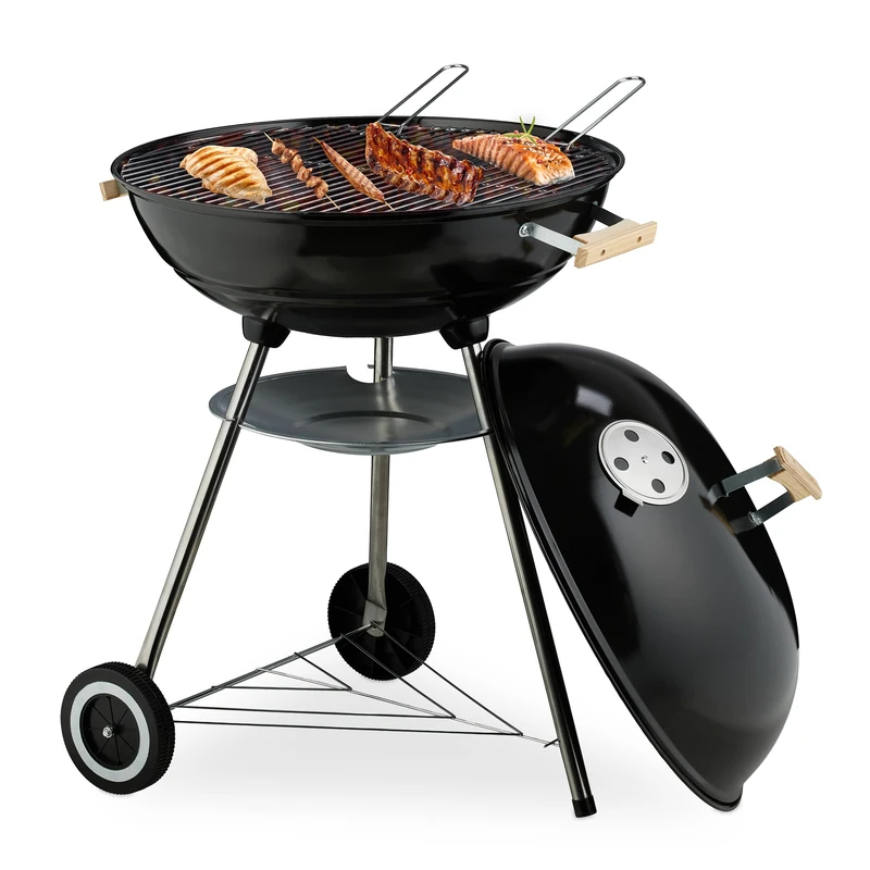 Relaxdays Kettle BBQ, Ø 54 cm Grill, Outdoor Charcoal Barbecue with Wheels, Freestanding, Ash Catcher, Smoker, Black