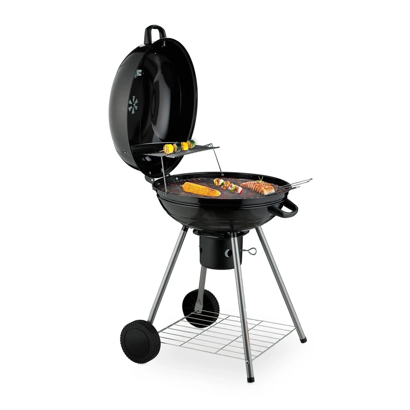 Relaxdays Kettle BBQ Grill, Ø 53 cm, 2 Cooking Grates, Thermometer, Ash Collector, Charcoal Barbecue on Wheels, Black, Plastic, Steel