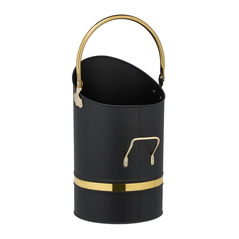 Relaxdays Coal Scuttle, 12L, Iron, Bucket with Handle, Charcoal Hod, Pellet Scoop, Fireplace & Barbecue, Black/Gold