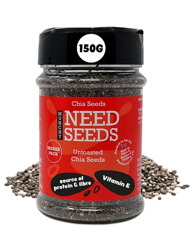 Chia Seeds 150g Shaker – Rich in Omega-3, Protein & Fiber – Supports Energy & Digestion – Vegan & Gluten-Free – Perfect for Smoothies, Yogurt, Oatmeal & Baking – Munchy Seeds, Need Seeds