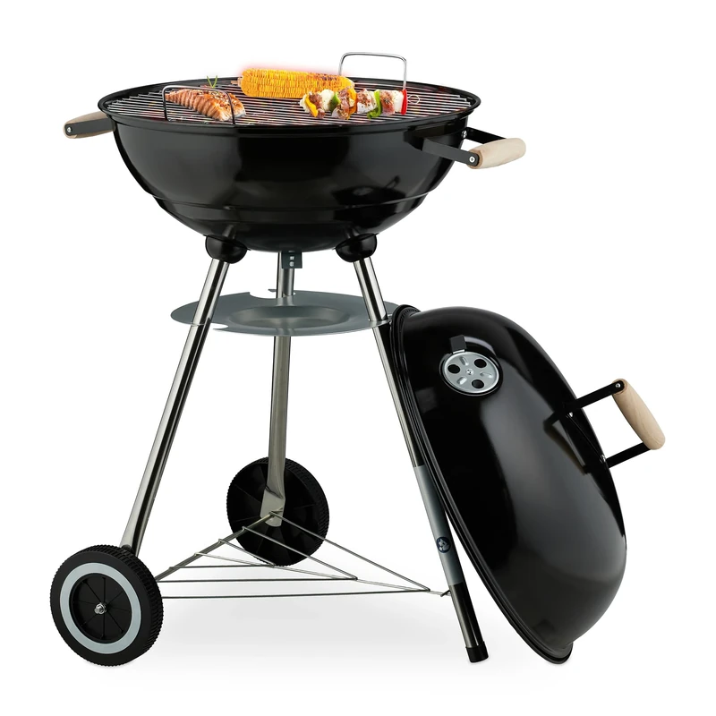 Relaxdays Kettle BBQ, Ø 44 cm Grill, Outdoor Charcoal Barbecue with Wheels, Freestanding, Ash Catcher, Smoker, Black, Stainless steel, Steel, Plastic