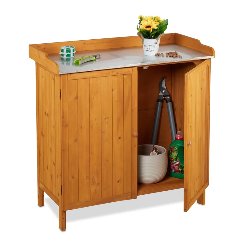 Relaxdays Potting Bench with Cupboard, Wood, Pewter Top, 94 x 94 x 47 cm, Garden Planting & Germination Table, Orange