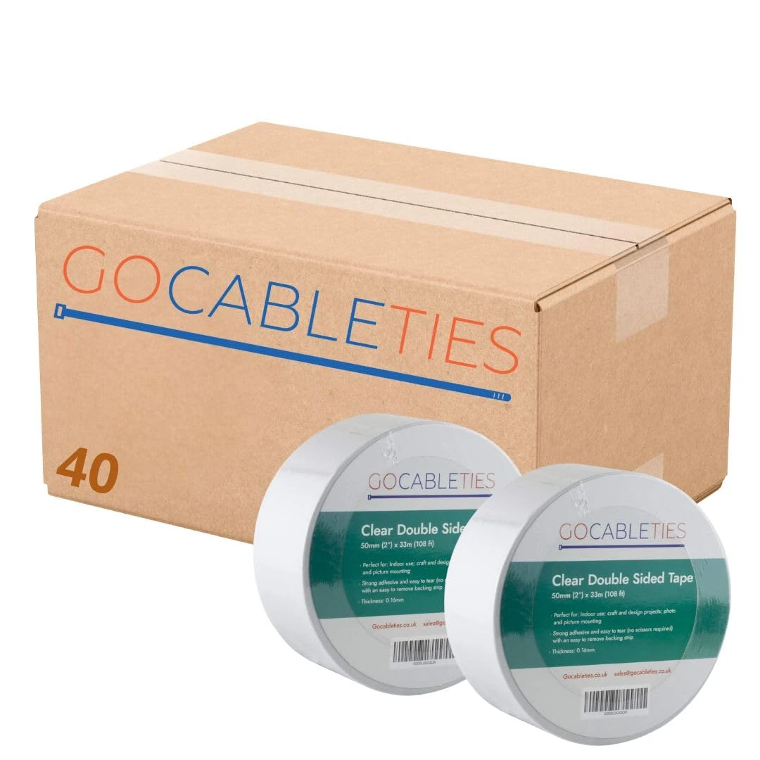 Gocableties Clear Double Sided Tape, 50mm (2”) x 33m, Strong Wide Double Sided Sticky Tape for Craft, Scrapbooking and Mounting Photos, 40 Rolls