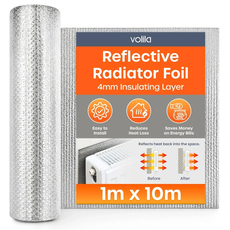 Radiator Foil Insulation Roll 1m x 10m - 1 Pack Radiator Reflector Panels for Enhance Heat Efficiency - Energy Saving Radiator Heat Deflector for Home Heating