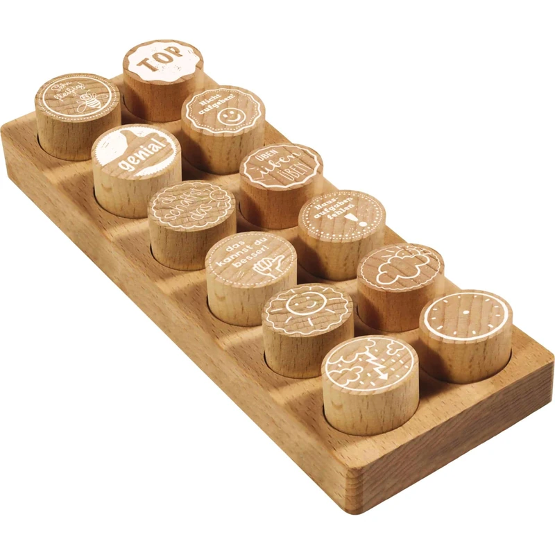 COLOP Woodies Wooden Stamp Set "Motivation" with 12 Motifs, Recognition and Motivation Stamp Made of Beech Wood, Imprint Size: Diameter 29 mm, Square