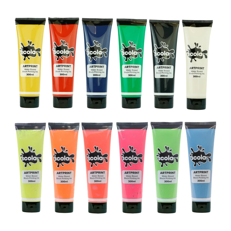 Scola Water Based Block Printing Paints, 12 Assorted Bright Colours, 300ml Bottles, Arts & Crafts Projects, For Primary Schools and Children
