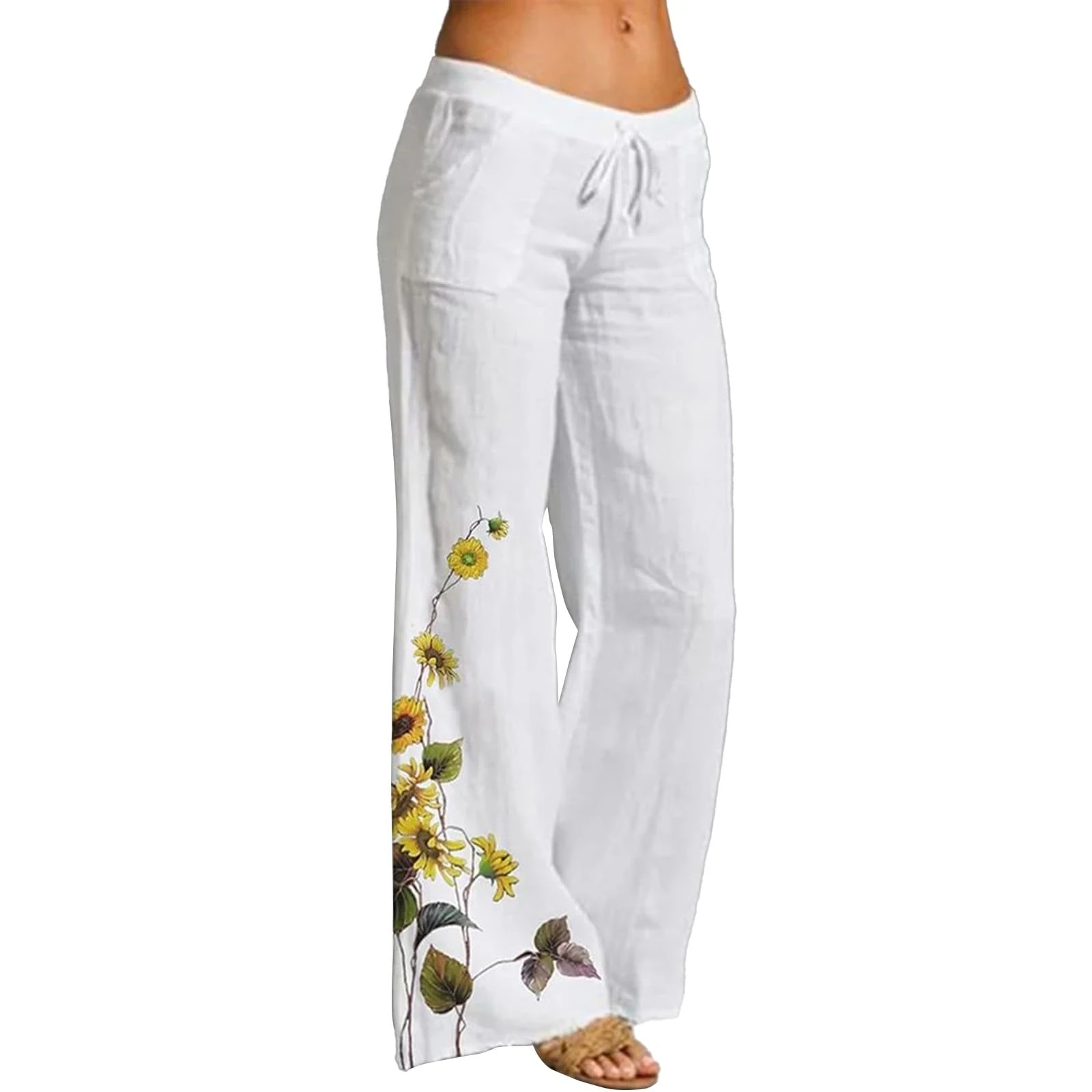 FNKDOR Cotton Linen Palazzo Trousers Women High Waist Wide Leg Vintage Floral Print Tropical Vacation Outfits Casual Beach Yoga Pants Ladies Classic Stretchy Waisted Pull On Pants (A1-Yellow, M)