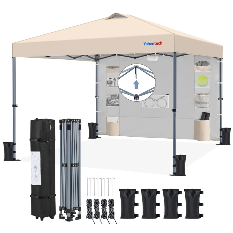 Yaheetech 3x3M Pop Up Gazebo with 9 Storage Pockets Sidewall, Commercial Shade Shelter, Waterproof Awning Canopy with Roller Bag & Sandbags for Garden Party Outdoor Camping Beach, Beige