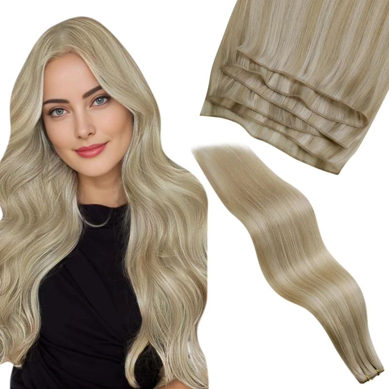 LaaVoo Seamless Weft Hair Extensions Real Human Hair 18 Inch 50g Highlight Ash Blonde with Golden Blonde Seamless Double Weft Weave Remy Extensions #16/22