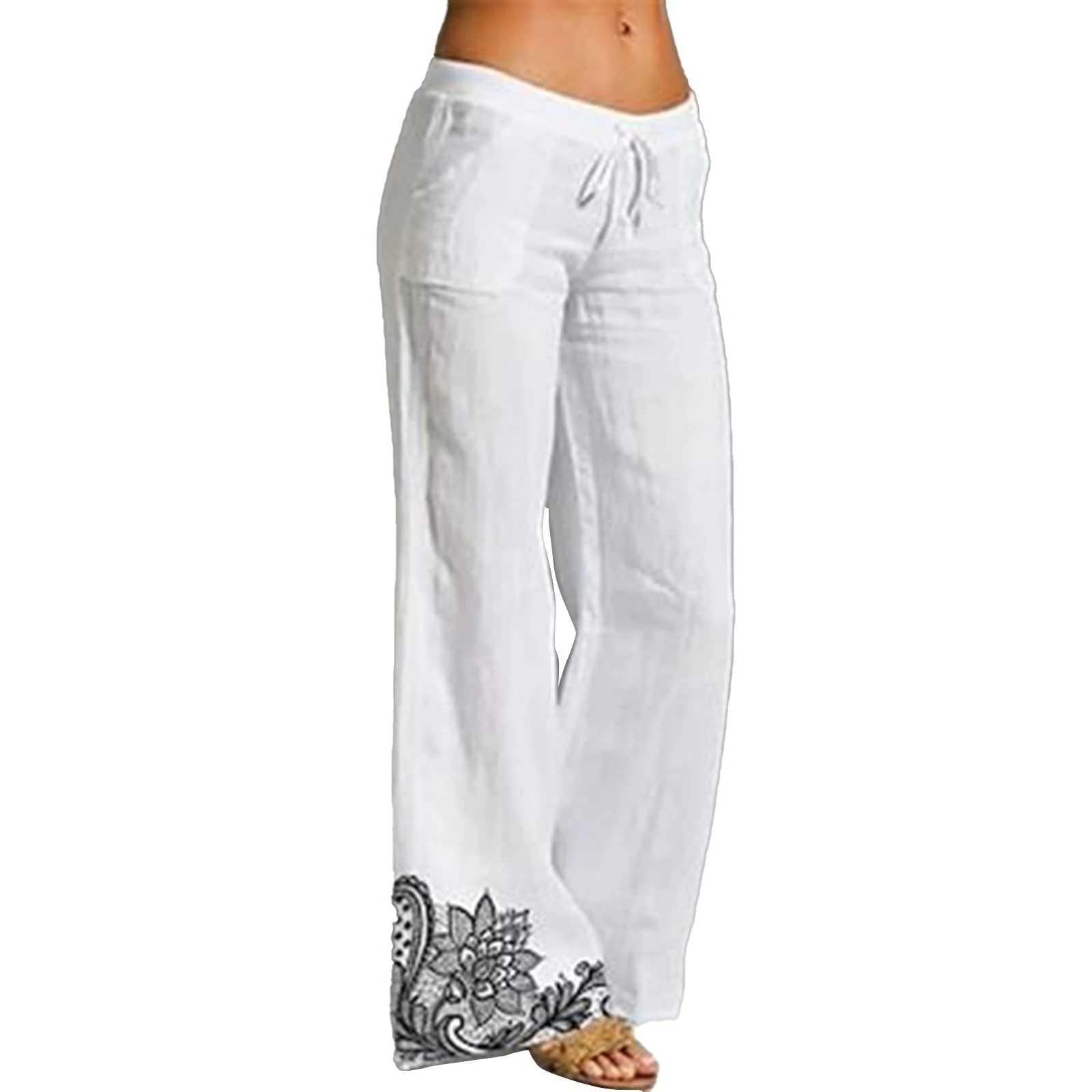 FNKDOR Cotton Linen Palazzo Trousers Women High Waist Wide Leg Vintage Floral Print Tropical Vacation Outfits Casual Beach Yoga Pants Ladies Classic Stretchy Waisted Pull On Pants (A1-White, M)