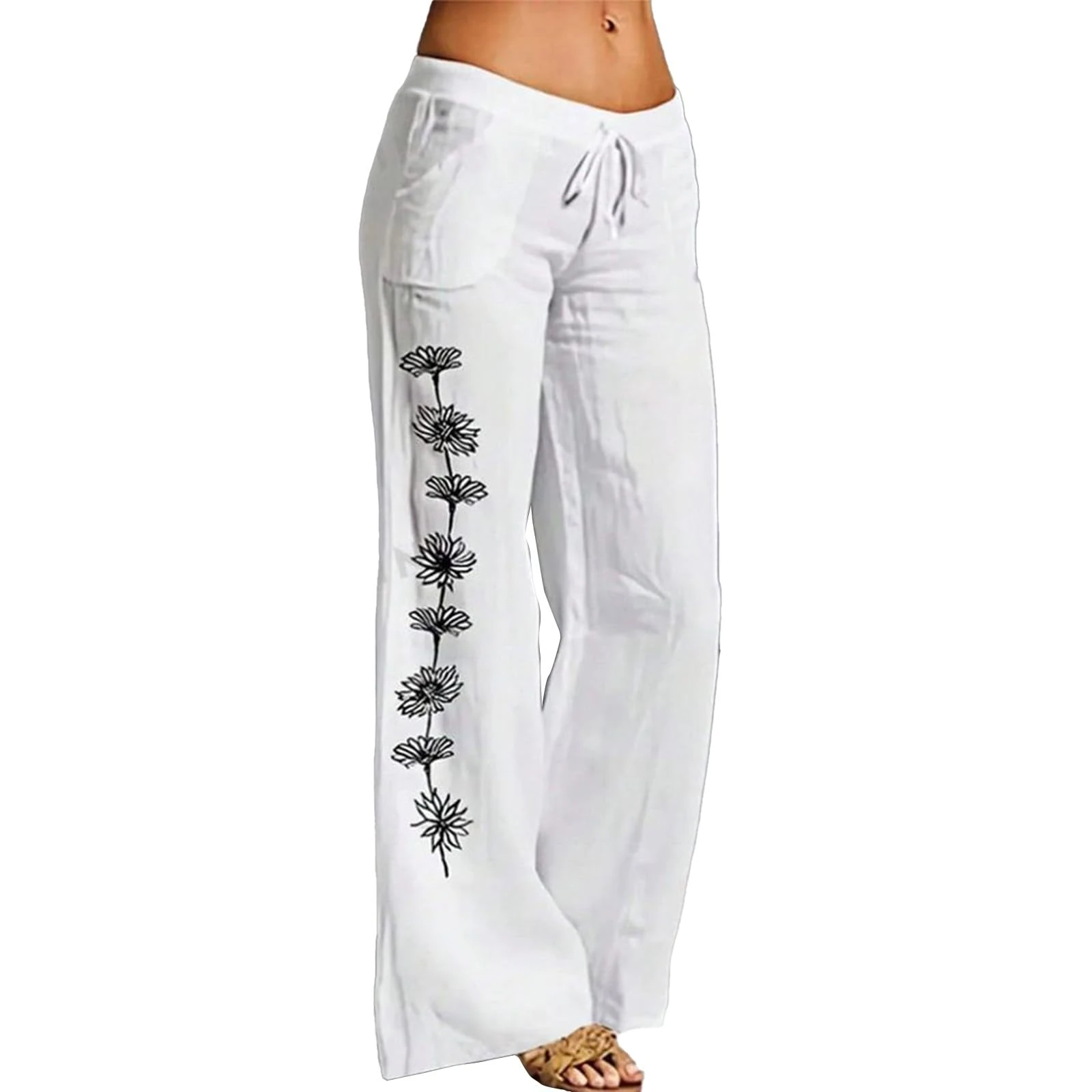 FNKDOR Cotton Linen Palazzo Trousers Women High Waist Wide Leg Vintage Floral Print Tropical Vacation Outfits Casual Beach Yoga Pants Ladies Classic Stretchy Waisted Pull On Pants (A1-Black, M)