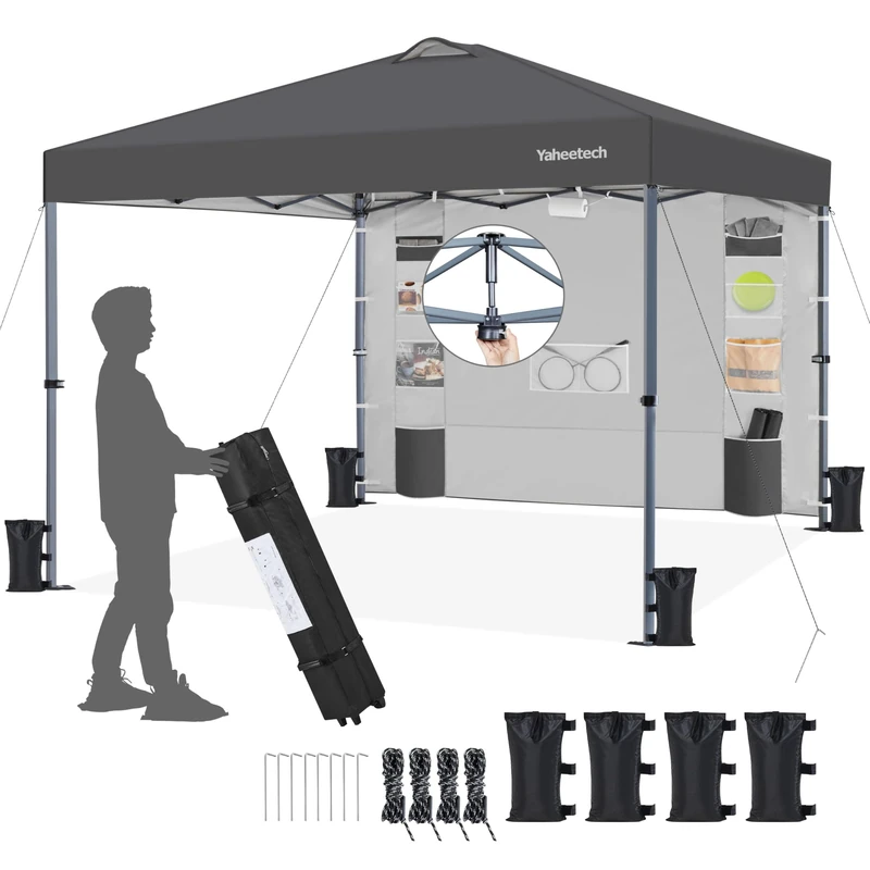 Yaheetech 2.5x2.5M Pop Up Gazebo with 9 Storage Pockets Sidewall, Commercial Shade Shelter, Waterproof Awning Canopy with Roller Bag & Sandbags for Garden Party Outdoor Camping Beach, Dark Grey