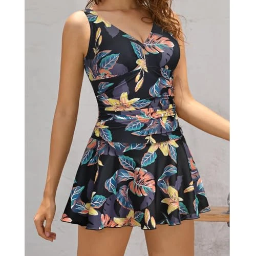 Generic Women's V Neck Ruched Retro Swimdress One Piece - HD XS