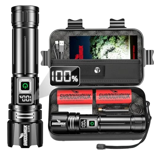 Shadowhawk LED Torch 1000 Lumens Rechargeable, XHP70.2 Super Bright Flash Light, 5 Lighting Modes Adjustable Focus IPX5 Waterproof High Powered Handheld Police Flashlights for Home Camping Hiking