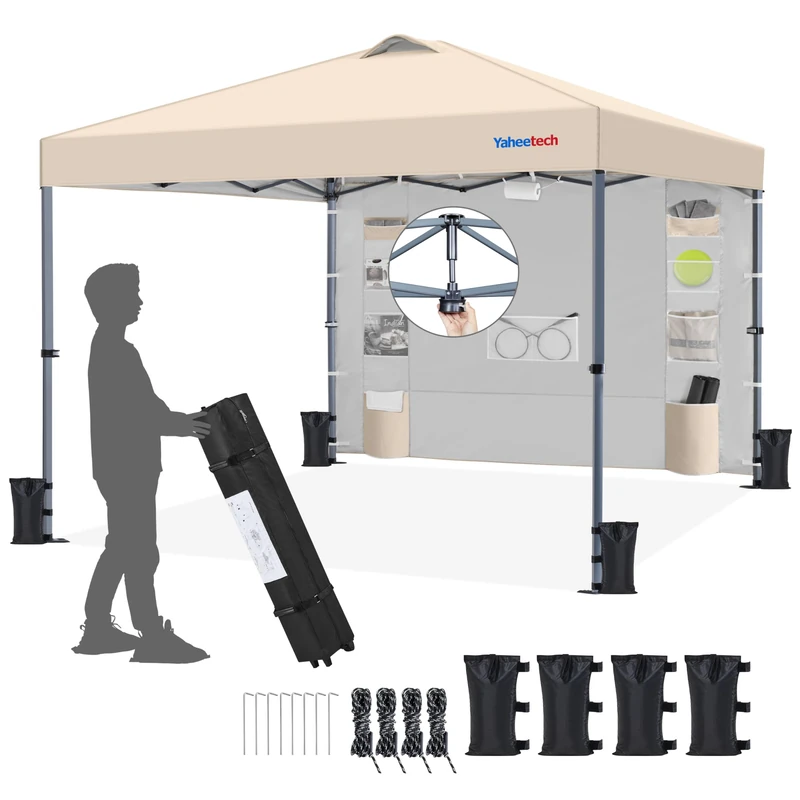 Yaheetech 2.5x2.5M Pop Up Gazebo with 9 Storage Pockets Sidewall, Commercial Shade Shelter, Waterproof Awning Canopy with Roller Bag & Sandbags for Garden Party Outdoor Camping Beach, Beige