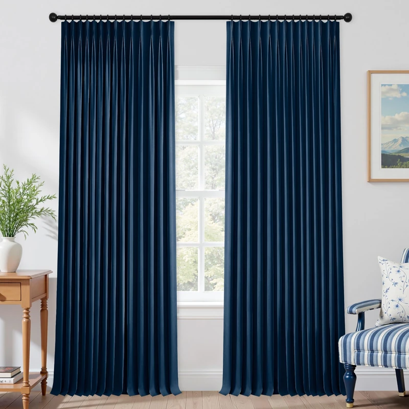 Mrs.Naturall 42x96 Inch Length Navy Blue Linen Pinch Pleated Blackout Curtains for Living Room