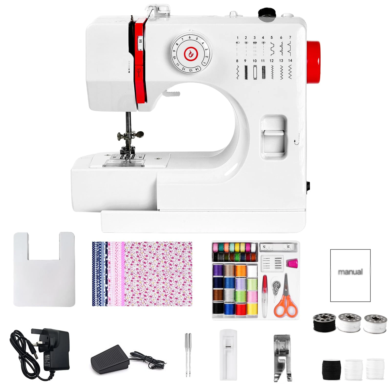 Letcart Sewing Machine, 728 14-Stitch Electric Mini Sewing Machine with Extension Table, Sewing Thread & Cotton Fabric Set, Portable Lightweight Sewing Kit, Suitable for Home Diy, Crafts, Beginners