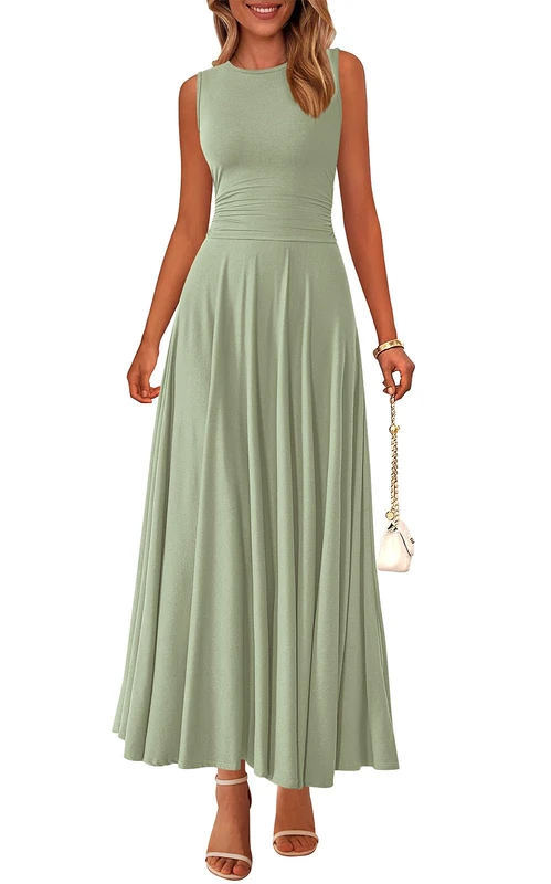 PRETTYGARDEN Womens Spring Dresses 2026 Casual Sleeveless Crewneck Aline Maxi Dress Stretch Tank Flowy Long Dresses, Bean Green, S