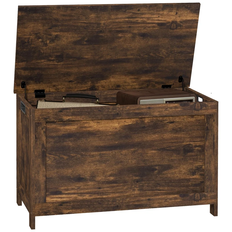 HOMCOM Storage Chest, Modern Storage Trunk with 2 Safety Hinges and Cut-out Handles, Wooden Toy Box for Living Room, Entryway, 76 x 40 x 48 cm, Rustic Brown