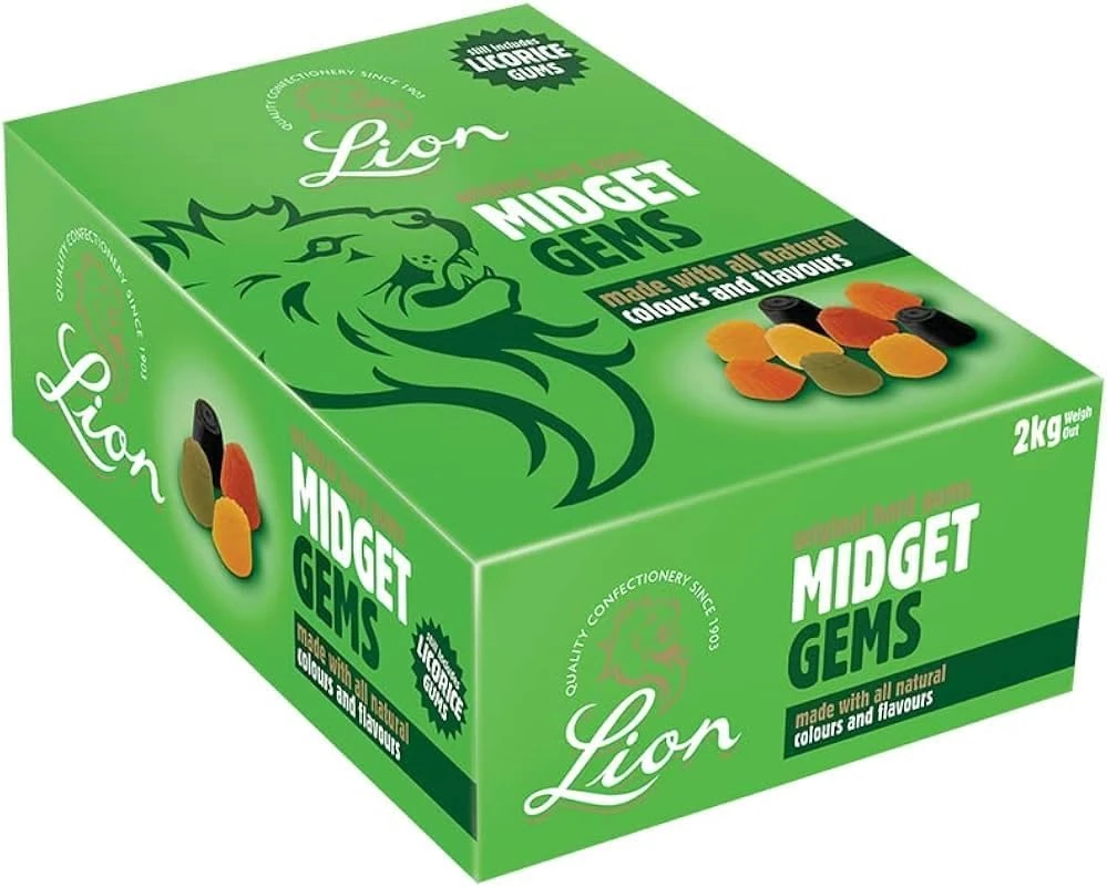 Lions Midget Gems 2kg – Natural Colours & Flavours, Classic British Jelly Sweets, Traditional Hard Gummy Candy, Bulk Wholesale Box, Retro Treats