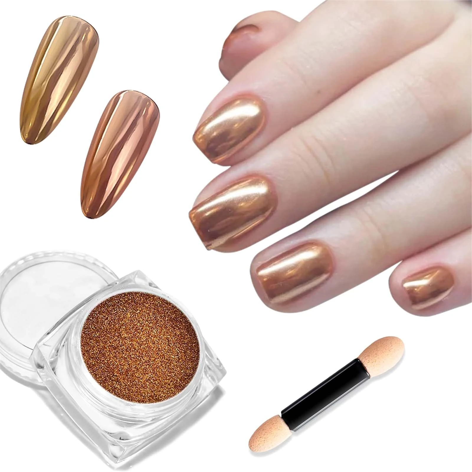 Bronze Gold Nail Powder - Glossy, Glitter & Mirror Effect - DIY Nail Art Accessory with Metallic Pigments