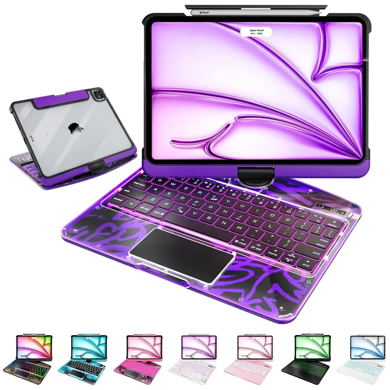 For iPad Air 11 Inch Case with Keyboard (Air M3/M2/6/5/4), 360 Rotating for iPad Pro 11 Inch Magic Keyboard (Pro 4/3/2/1), Cyberpunk High-tech with Pressure Reduction Sound Effect, Transparent Purple