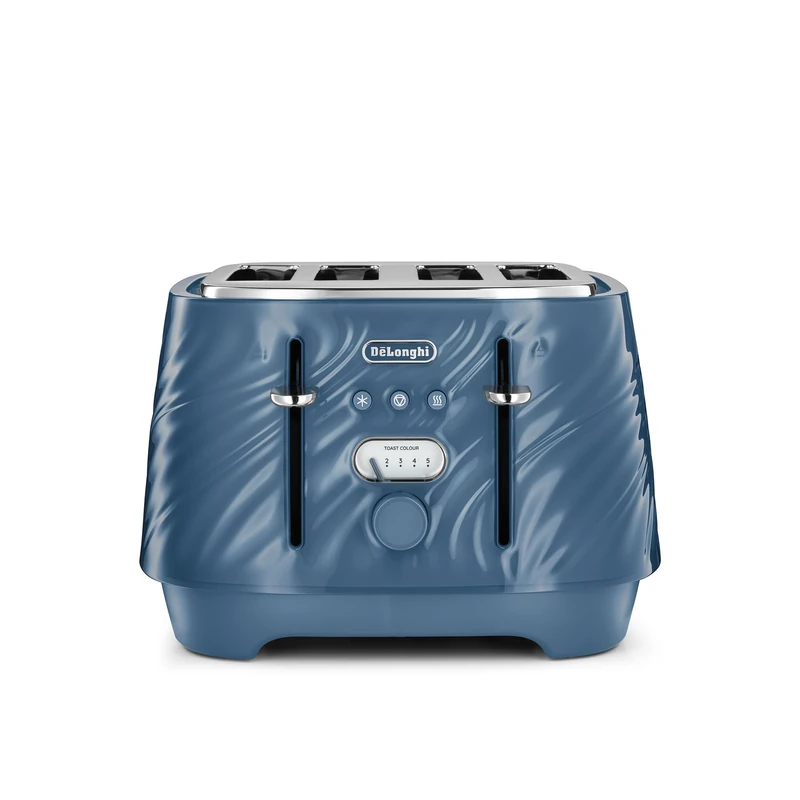 De'Longhi Ballerina Seta - 4 Slice Toaster, Wide Slot Toaster with Independent Controls, Defrost & Reheat Functions, Extra Lift, Removable Crumb Trays, 1800W, Silk Blue (CTDS4003.BL)