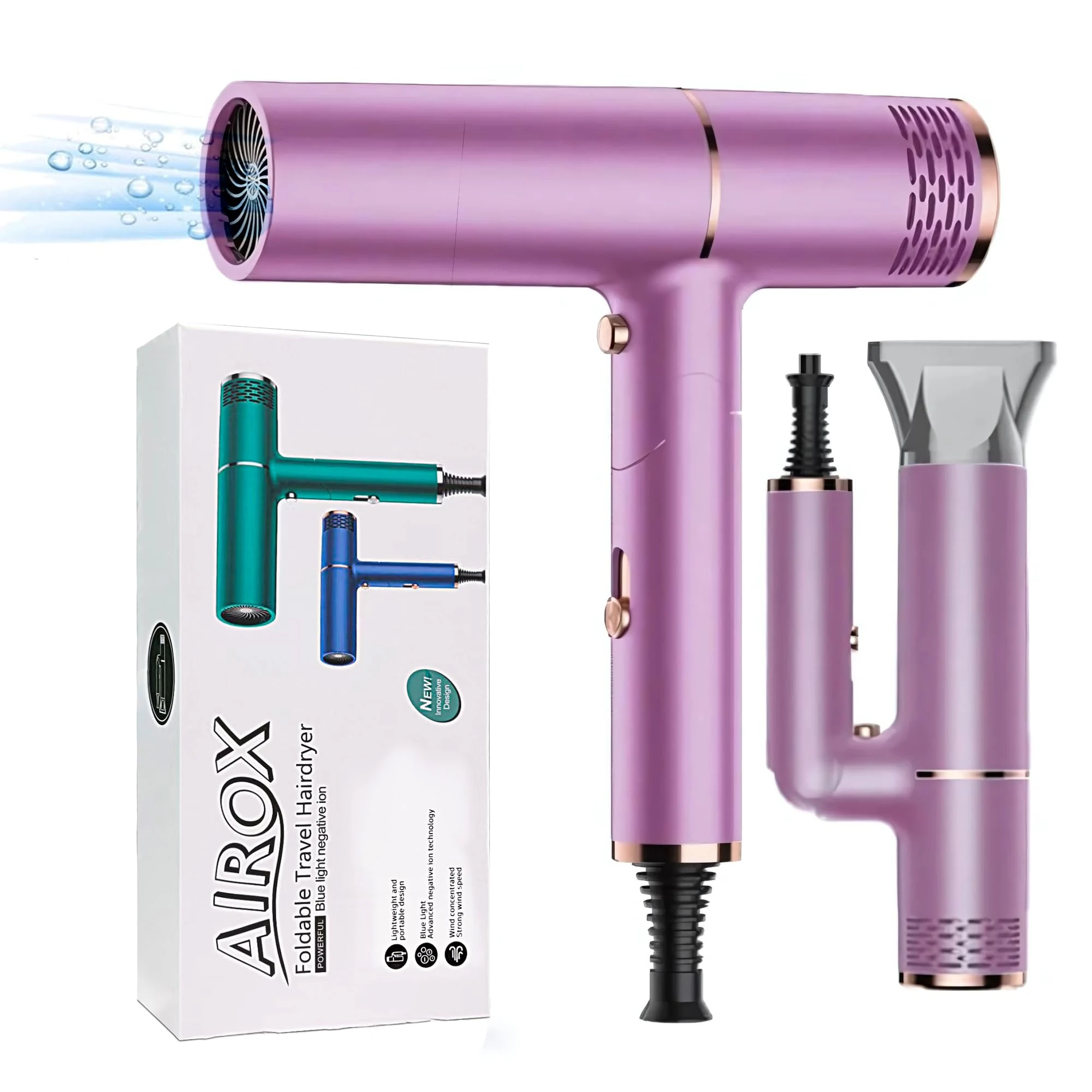 Foldable Travel Hairdryer AIROX Powerful 1800W | Womens Ionic Hair Dryer for Fast Drying, Compact and Portable Mini Blow Dryer with Negative Ion | Ideal for Hotel and Travel AIROX Pink