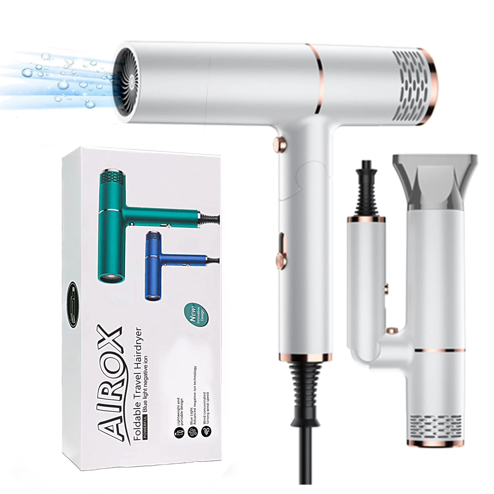 Travel Hairdryer Foldable Powerful 1800W | Foldable Ionic Hair Dryer | Fast Drying Compact and Portable Mini Blow Dryer with Negative Ion | Ideal for Travelling (White)