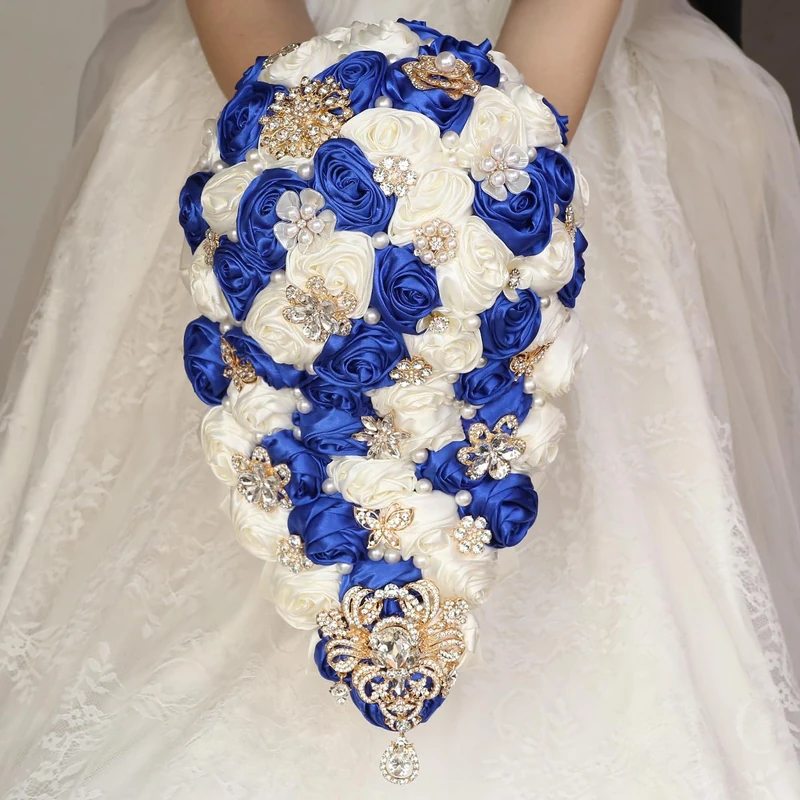 Mhojpik Luxury Cascade Bridal Wedding Bouquet Satin Rose Waterfall Holding Bouquet Artificial Flower Bunch for Bride Bridesmaid(Royal Blue & Ivory, 17.3" x 8.7")