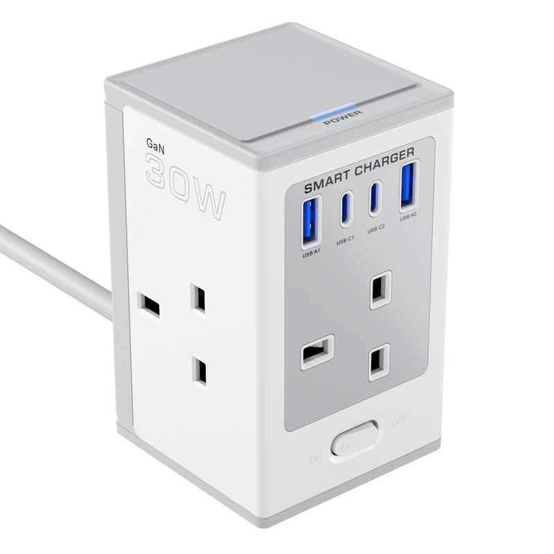 Tower 5M Extension Lead with USB Slots, Surge Protected 4 Socket Extension, 30W USB C Fast Charger Heavy Duty 5 Metres Gray Cable, 13A