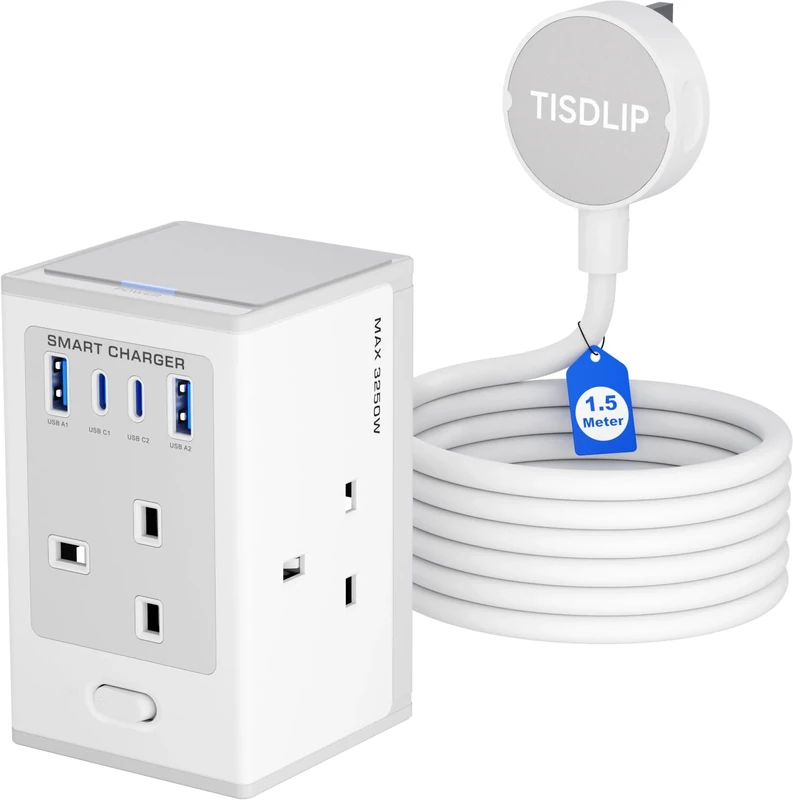 Tower Extension Lead with Switch 1.5 Metre 4 Socket Extension Cable with USB Slots 30W Fast Charging USB C Port