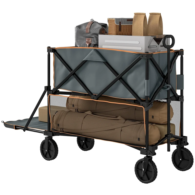 Outsunny Double Decker Folding Festival Trolley on Wheels, 200KG & 350L Capacity Collapsible Wagon Festival Trolley Cart with 134cm Extended for Camping Sports Shopping Garden and Beach, Grey