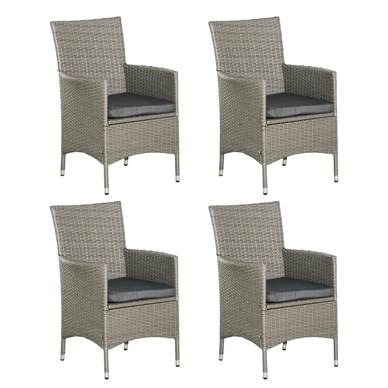 Outsunny 4 Pieces Outdoor PE Rattan Dining Chairs Set with Cushion, Garden Armchair with Armrests, High Backrest, Metal Frame Patio Wicker Furniture, Grey