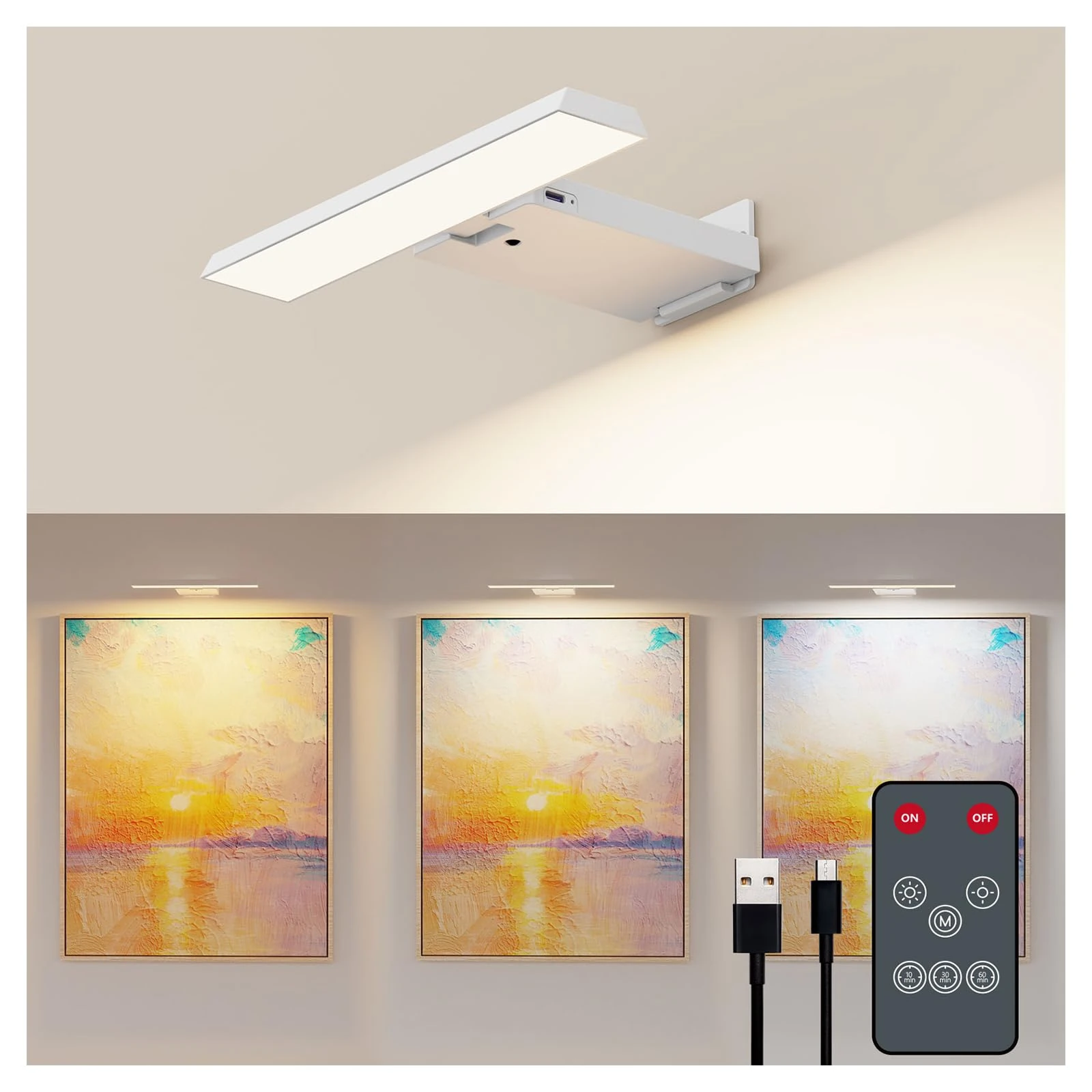 Coollamp Picture Lights for Wall, Cordless Dart Board Lights, Battery Operated Wall Light Rechargeable, LED Wall Sconces for Pictures,Frames&Mirros, 3 Color Temperatures, Remote Control, White