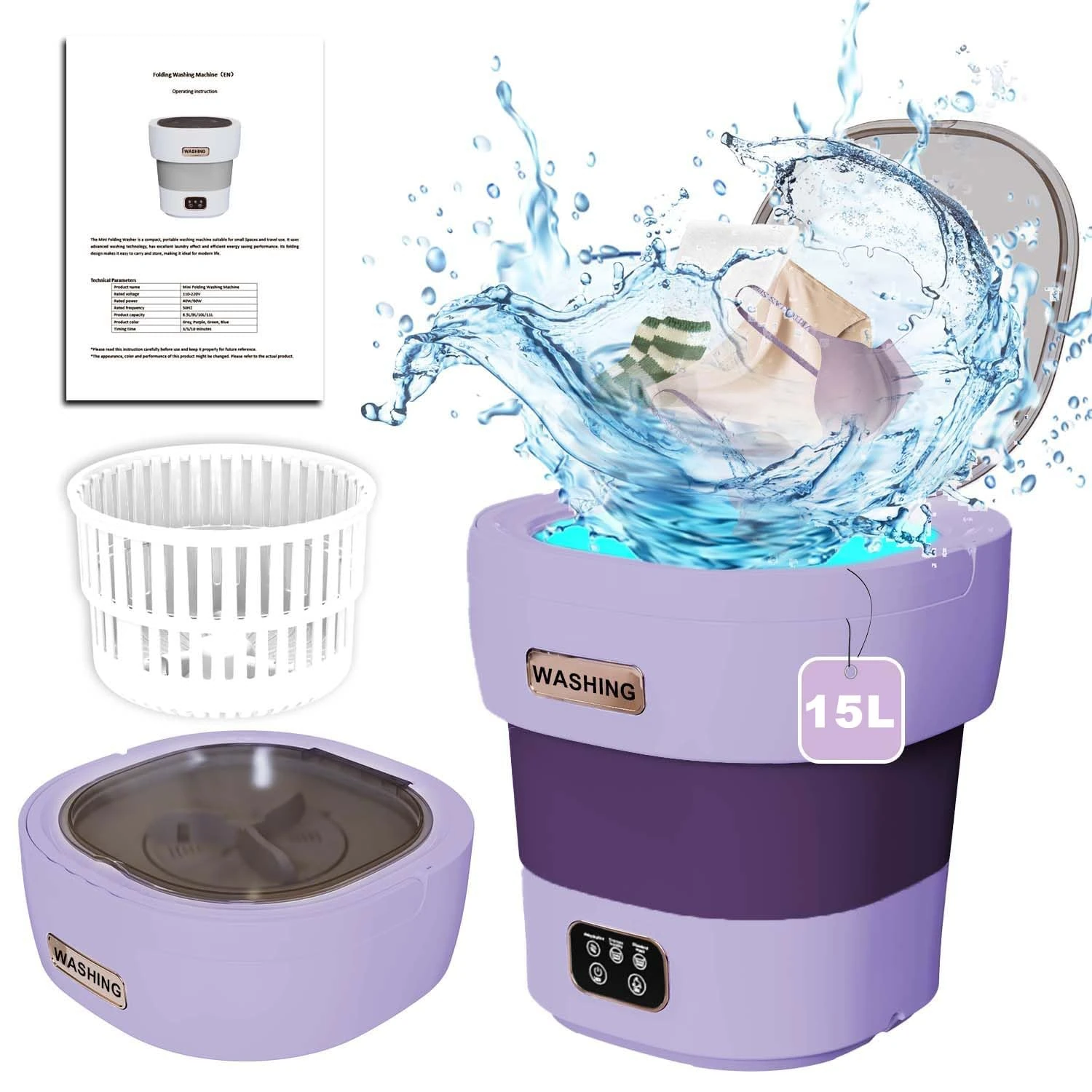 15L Portable Washing Machine, 2.1kg 2 in 1 Mini Washing Machine and Dryer, Lavadora Portatil with 3 Cleaning Modes for Baby Clothes, Underwear, Camping, RV, Travel (Purple)
