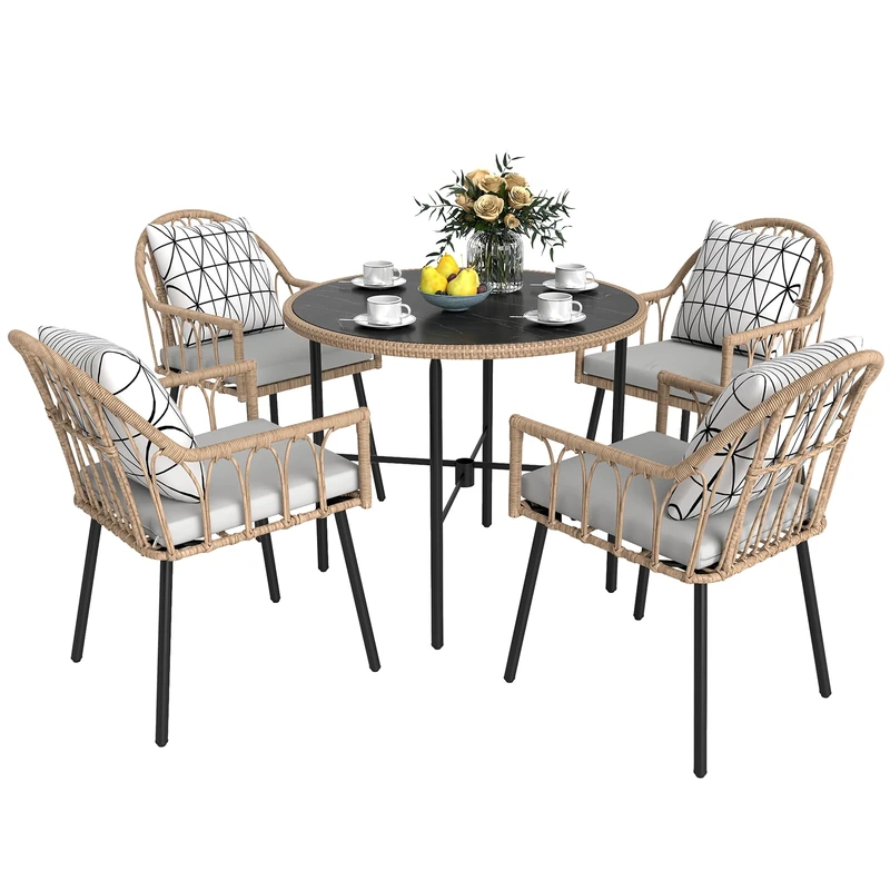 Outsunny 5 Piece Patio Rattan Dining Set, Wicker Garden Table and Chairs w/Removable Seat & Back Cushions, Round Tempered Glass Tabletop, Parasol Hole, Outdoor Furniture Conservatory Set, Light Brown