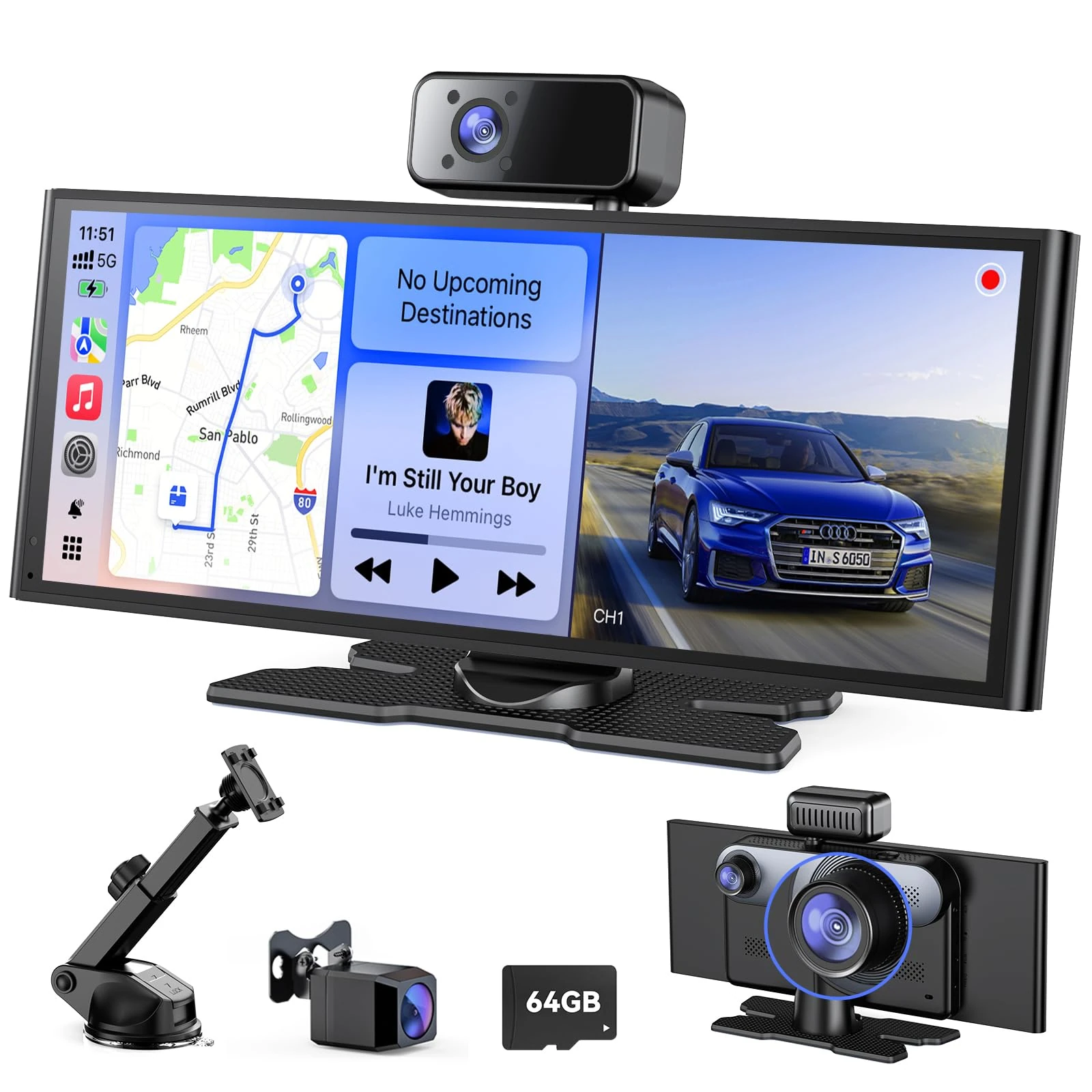 Avylet 10.26'' Wireless 60FPS Car Play Screen for Apple Carplay, Android Auto, 3 Channel Dash Cam, Portable car play Touchscreen with OTA/GPS Navigation/Mirror Link/Voice Control/Bluetooth/AUX/FM/WIFI