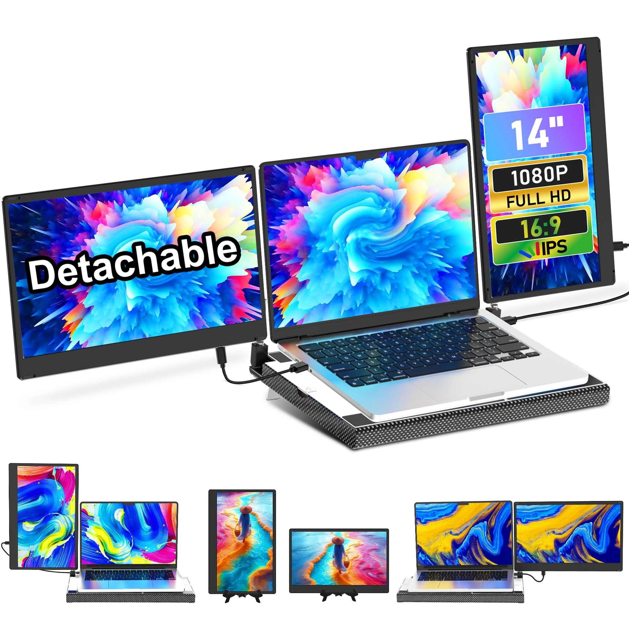 Livelect-m Laptop Screen Extender, 14" FHD 1080P Laptop Monitor Extender, Stretchable Base, Detachable Screen, Plug & Play, 360° Rotation, Multi-OS Compatible