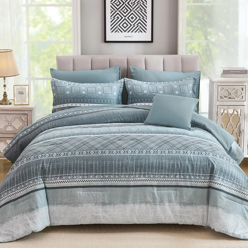 WONGS BEDDING 8 Piece Queen Size Comforter Set, Blue Striped Bed in a Bag Comforter and Sheet Set, Boho Lightweight Microfiber Bedding Set for All Season (90"×90")