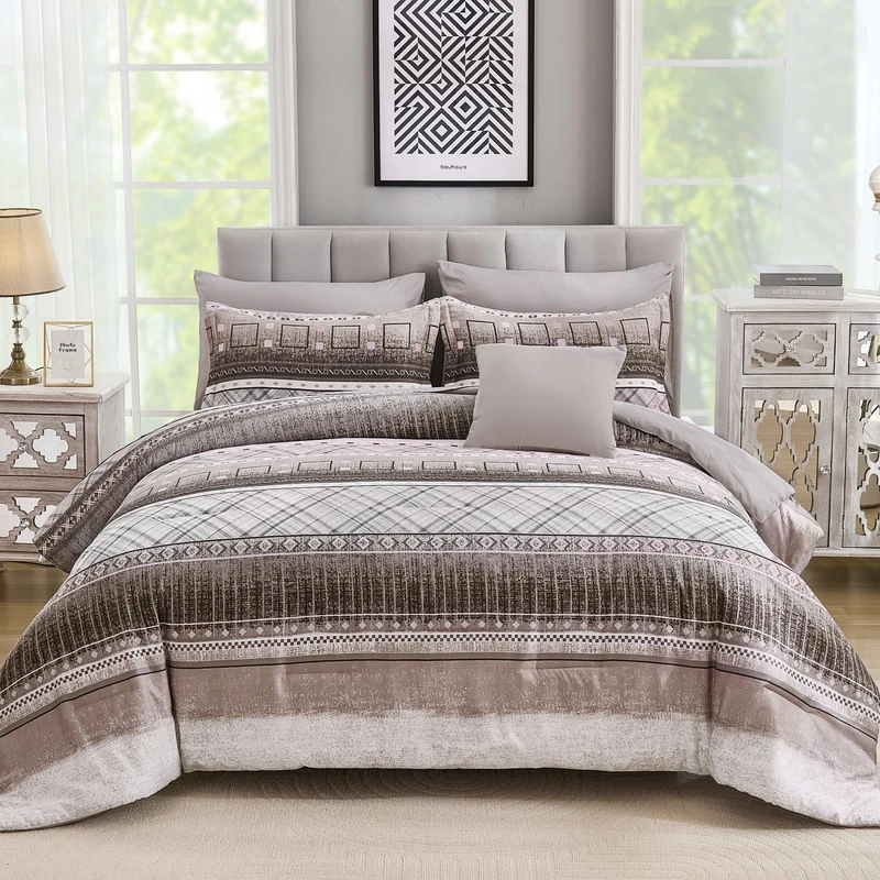 WONGS BEDDING Queen Size Comforter Set 8 Piece, Texture Striped Bed in a Bag Brown Comforter and Sheet Set, Boho Lightweight Microfiber Bedding Set for All Season (90"×90")
