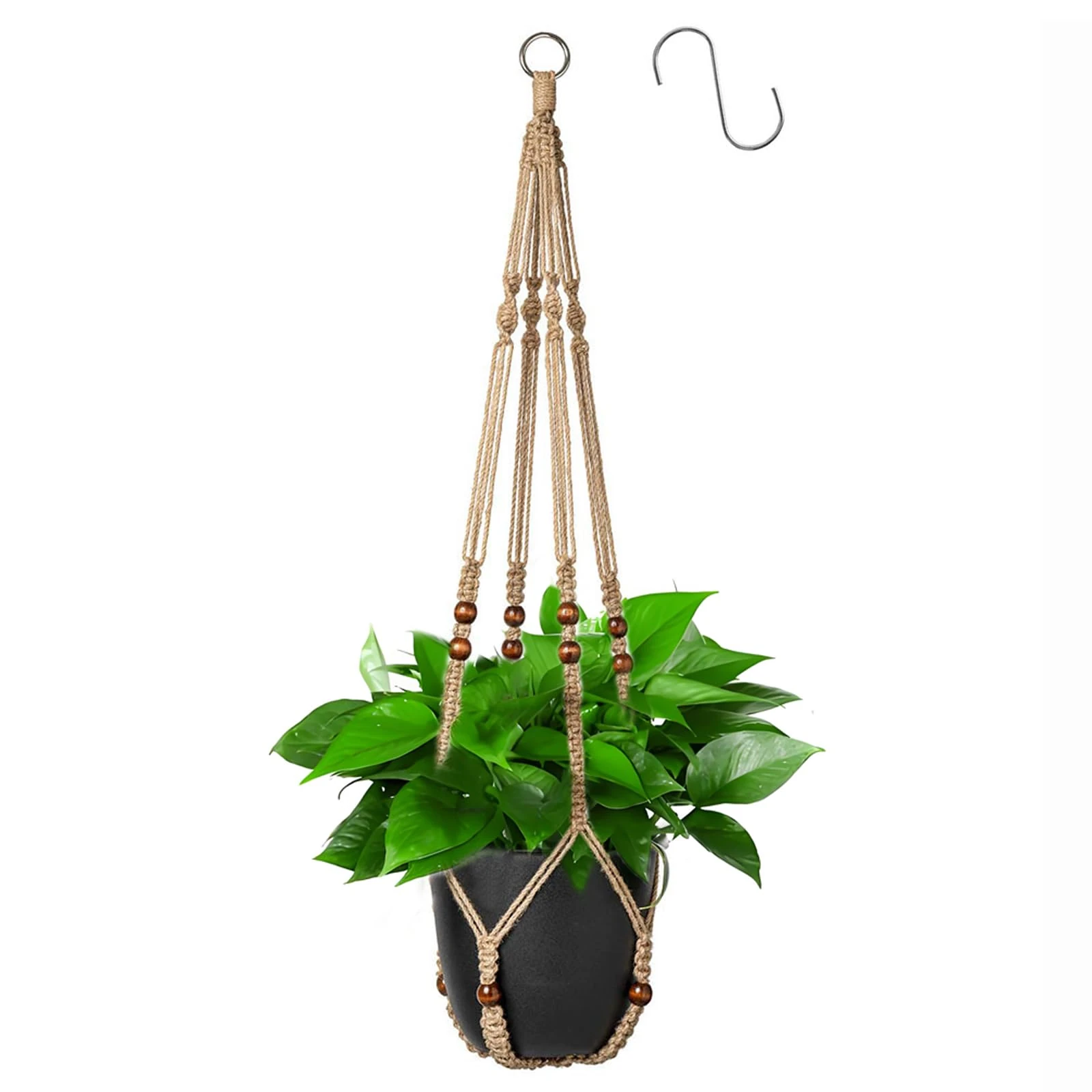 Apstaqeoo Macrame Plant Hangers Jute Rope Hanging Basket with Wood Beads Boho Decor Balcony Planter Garden Home Decor Ceiling Wall Plant Holder with 1 S Hook for Indoor Outdoor No Tassels 90CM(1PC)