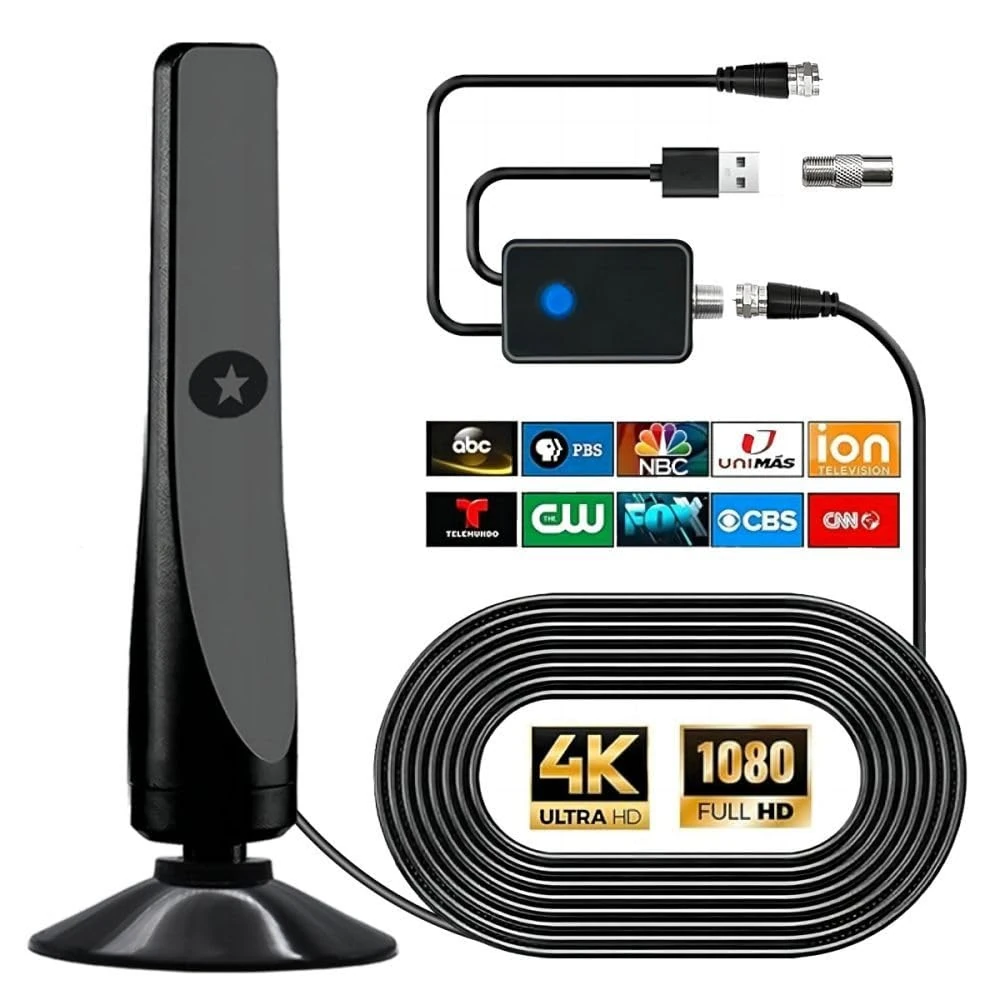 2025 Upgraded Digital Indoor TV Aerial with Signal Booster – 50-Mile Long Range Reception, Supports Freeview 4K/1080P HDTV for Smart TVs, 3M Coaxial Cable & Multi-Directional Design